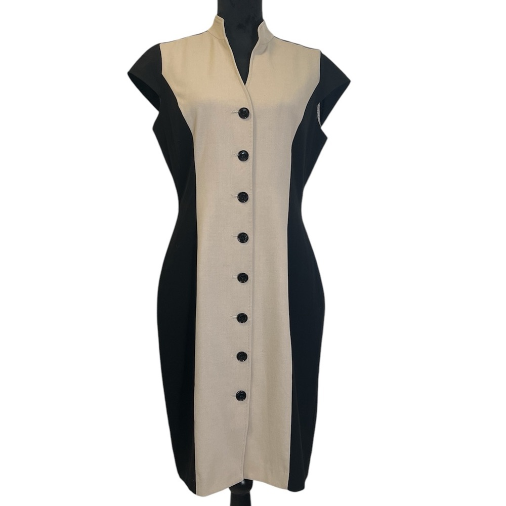 Calvin Klein Black and Beige Cap-Sleeve Sheath Dress